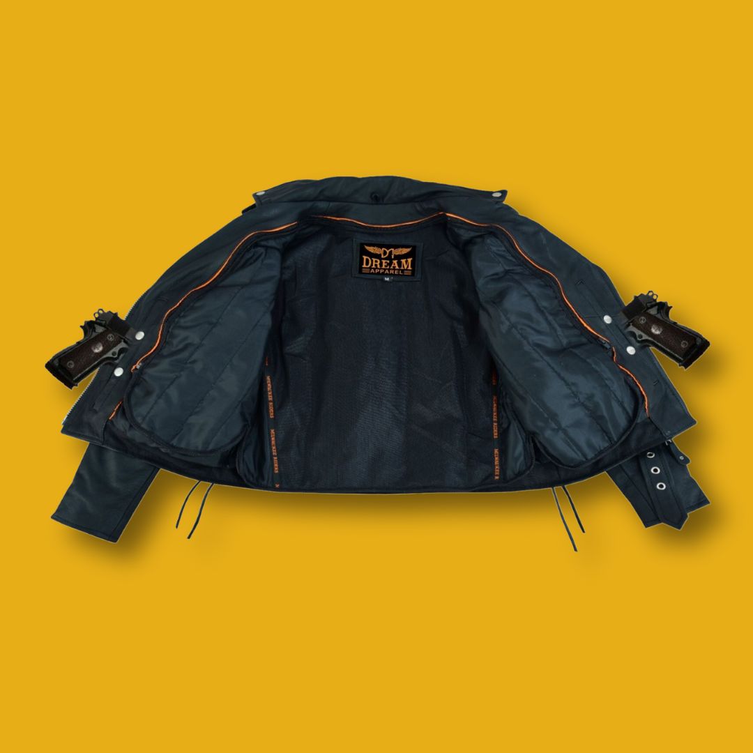 Women Motorcycle Classic Leather Jacket Premier Cowhide Leather Gun Pockets Side Laces 4 Women Motorcycle Classic Leather Jacket Premier Cowhide Leather Gun Pockets Side Laces Jabali The Biker Store 04