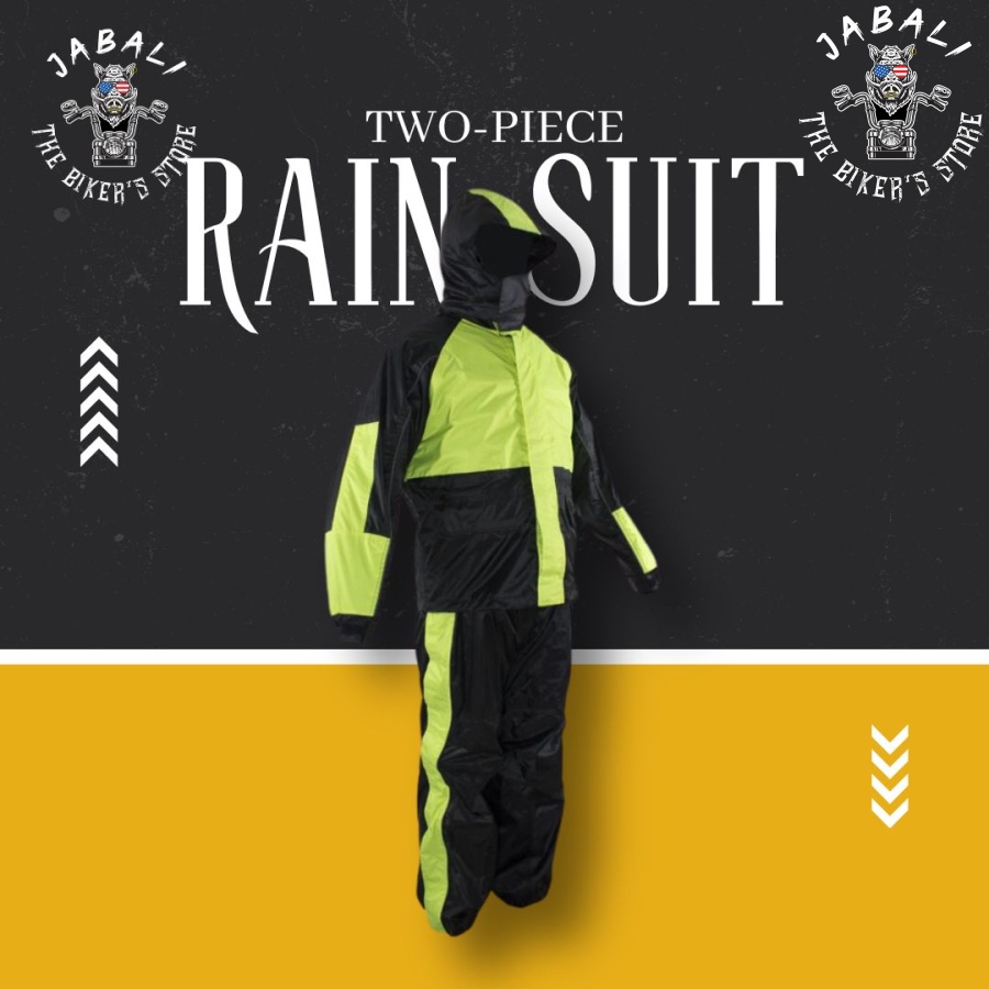 Two Piece Black & Fluorescent Rain Suit With Zippered Side Seams